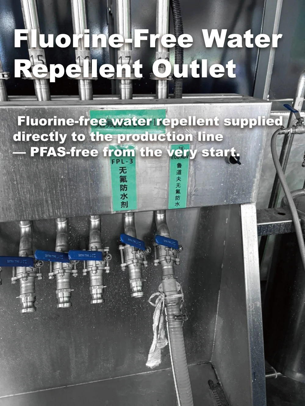Fluorine-free water repellent outlet C0 DWR chemical delivery system PFAS-free