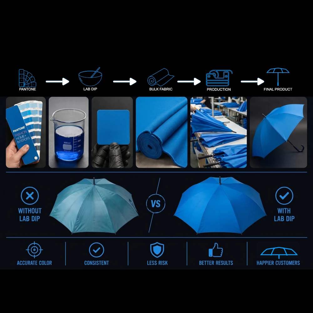 Lab dip color matching process Pantone to bulk fabric to production custom umbrella