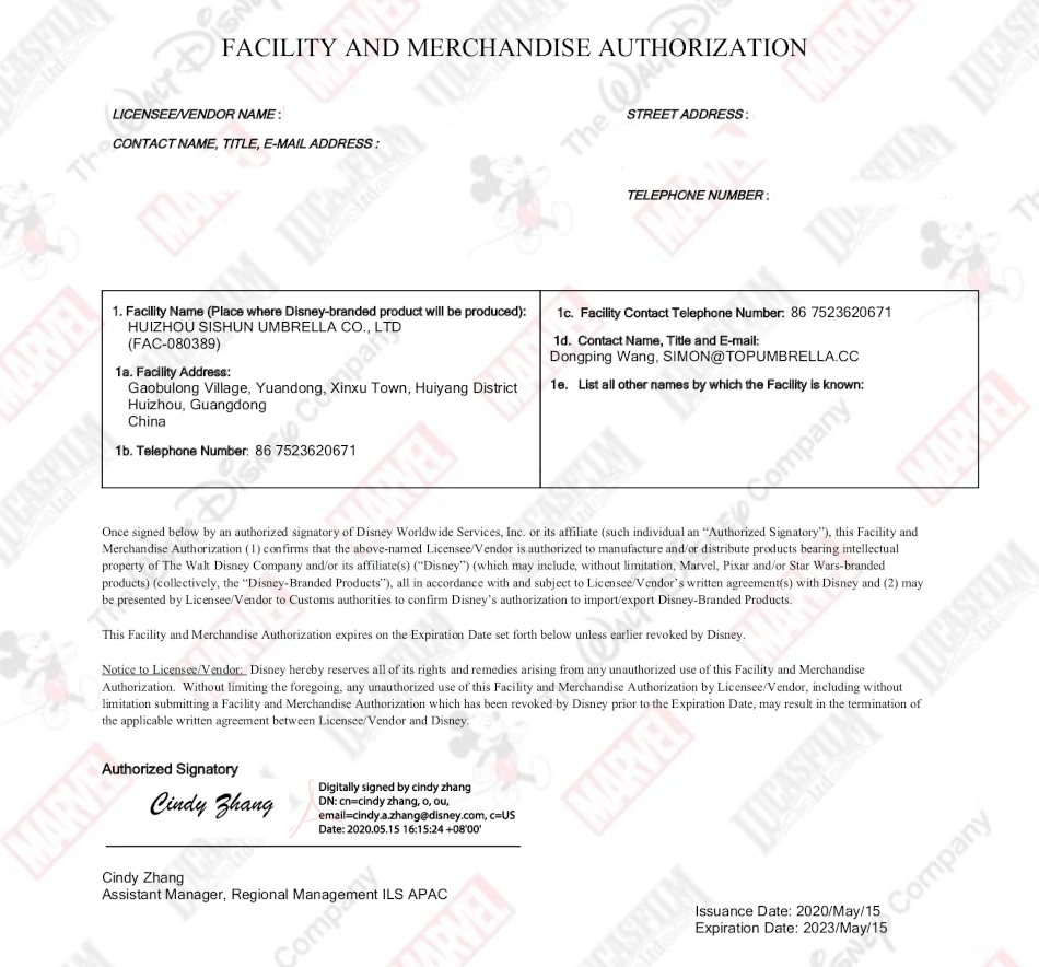 umbrella manufacturer Disney Certification