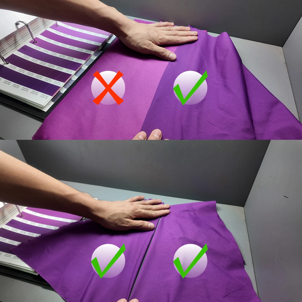 Side by side fabric color comparison mismatch versus correct match Pantone umbrella