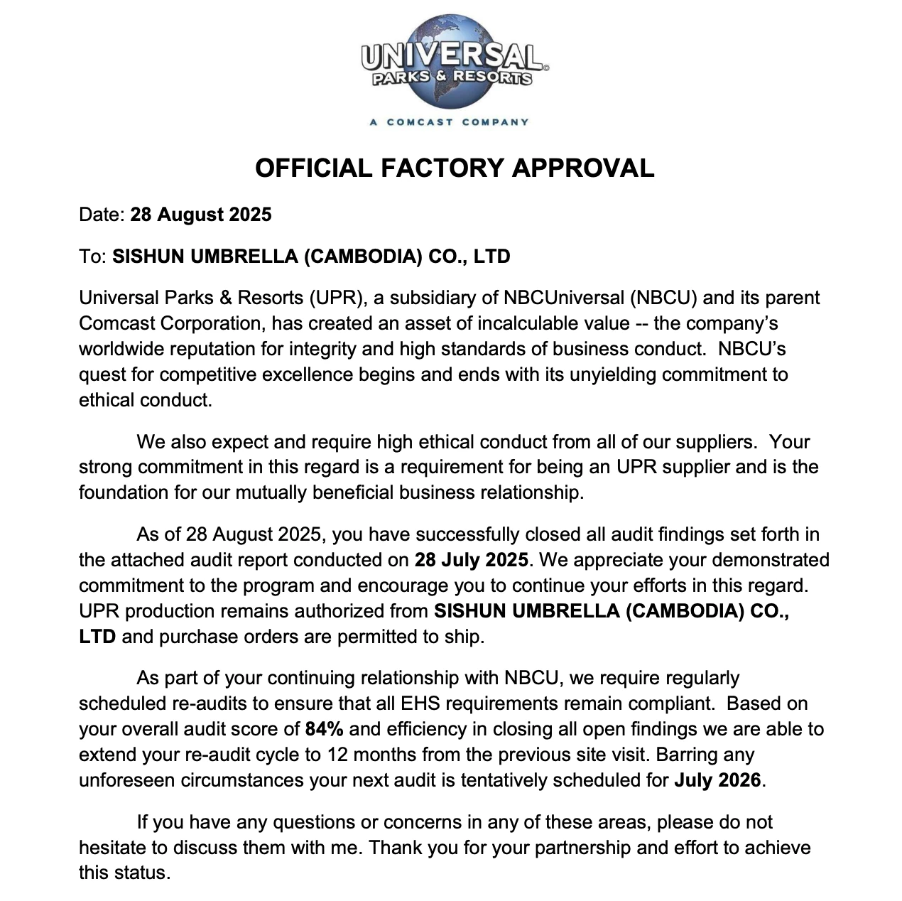 UPR Approval - Universal Parks & Resorts