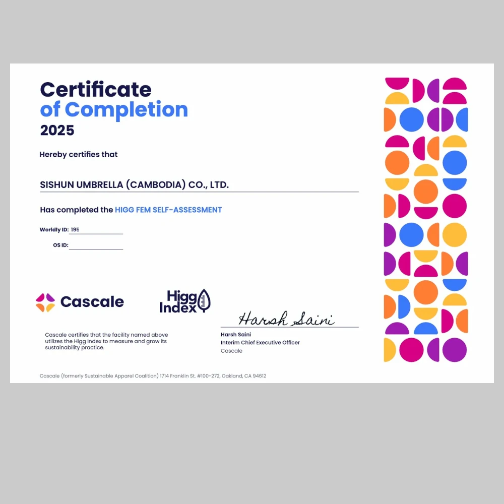Higg FEM Certificate of Completion 2025 - Sishun Umbrella Cambodia