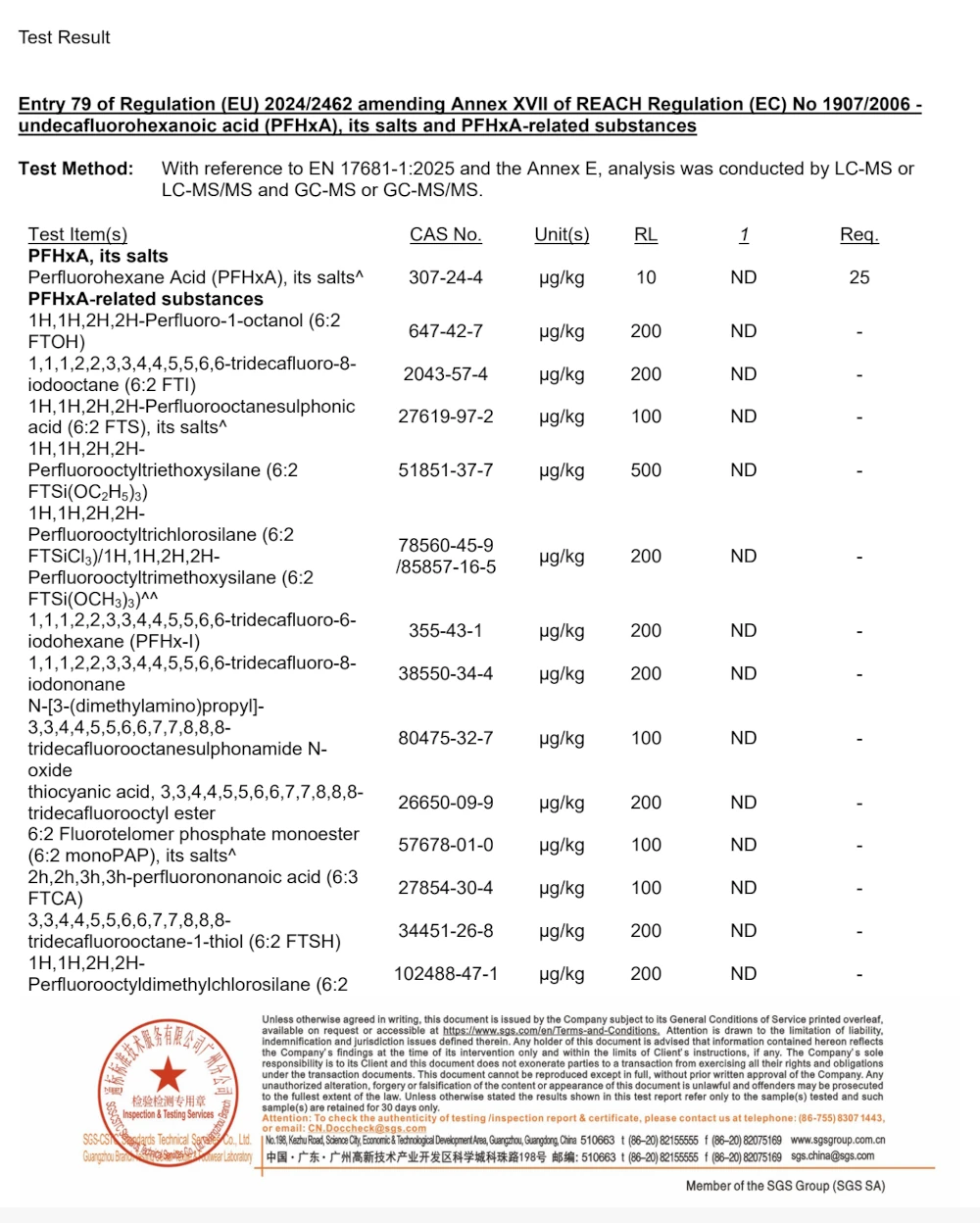 SGS test result entry79 of regulation(EU)