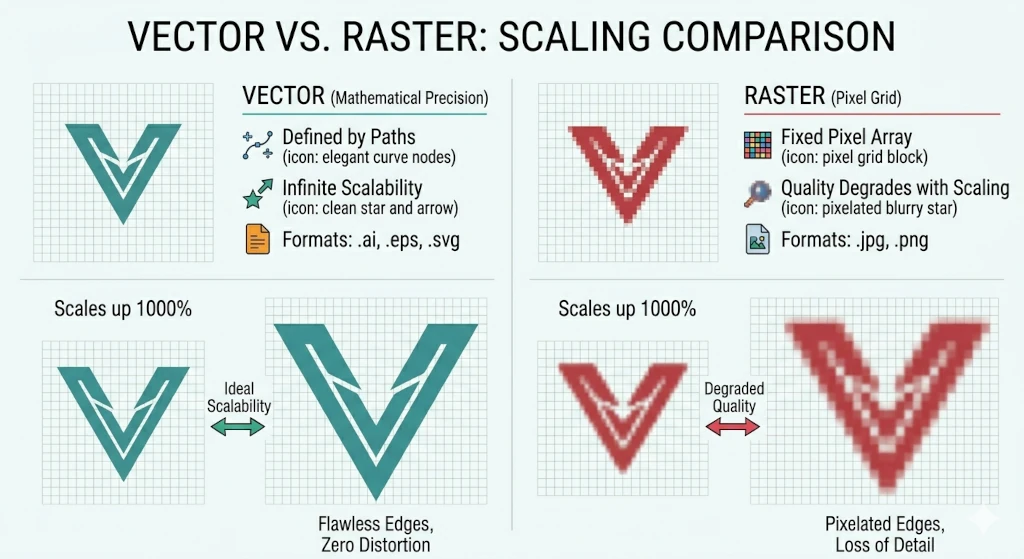 Original scale up Sharp edges Vector (.ai / .eps / .svg) Stays crisp at any size Original scale up Pixelated Raster image (low DPI) Blurs when enlarged