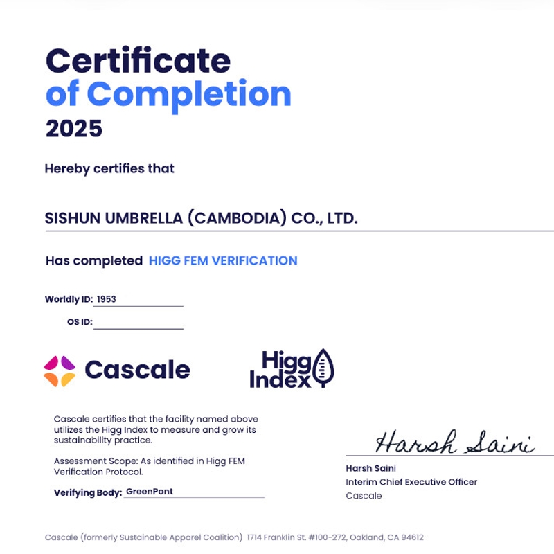 Our Cambodia Umbrella Factory is Now Higg FEM & SLCP VRF Certified